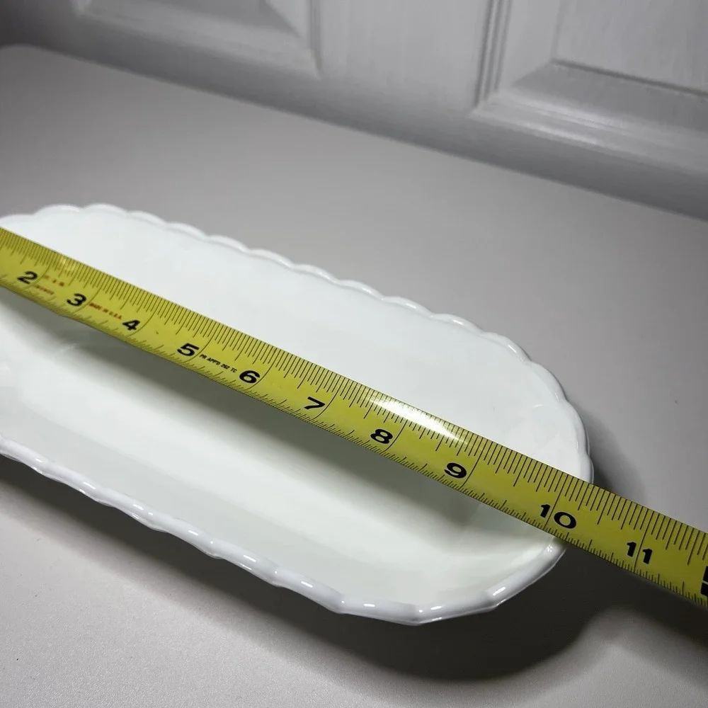 Vintage Indiana Glass Pretzel Pattern Milk Glass Dish Scalloped Rim Oblong 10.25